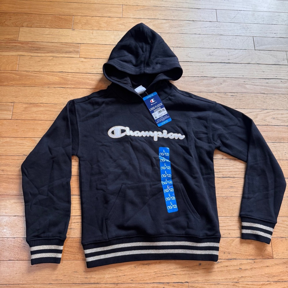 Champion Girls Logo Fleece Hoodie Black Glitter Script Stripe Large 10/12 NEW